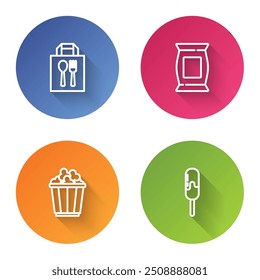 Set line Online ordering and delivery, Bag packet potato chips, Popcorn box and Ice cream. Color circle button. Vector