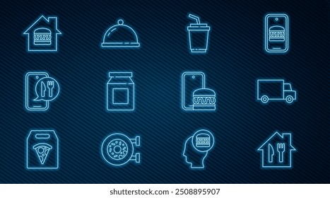 Set line Online ordering and delivery, Fast by car, Paper glass with water,  and Covered tray of food icon. Vector