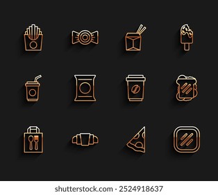 Set line Online ordering and delivery, Croissant, Potatoes french fries box, Slice of pizza, Steak meat, Bag packet potato chips, Sandwich and Coffee cup go icon. Vector