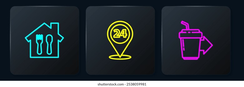 Set line Online ordering and delivery, Coffee cup to go and Round the clock. Black square button. Vector