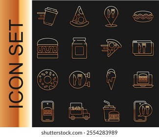 Set line Online ordering and delivery, burger, Cafe restaurant location, Burger, Coffee cup to go and pizza icon. Vector