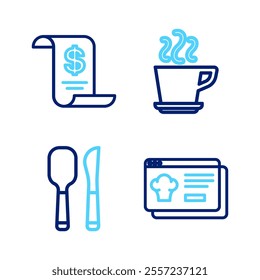Set line Online ordering and delivery, Knife spoon, Coffee cup and Paper financial check icon. Vector