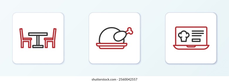 Set line Online ordering and delivery, Wooden table with chair and Roasted turkey chicken icon. Vector