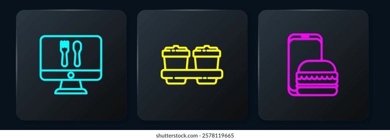 Set line Online ordering and delivery,  and Coffee cup to go. Black square button. Vector