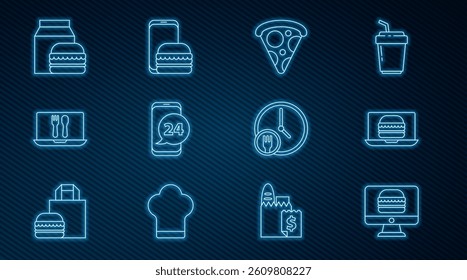 Set line Online ordering and delivery, burger, Slice of pizza, Food, Round the clock and  icon. Vector