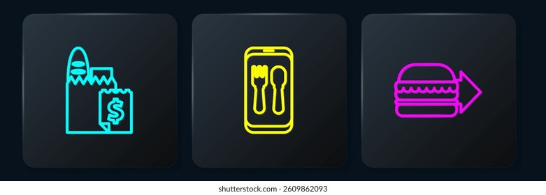 Set line Online ordering and delivery, burger and . Black square button. Vector