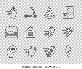 Set line Online ordering and delivery, Ice cream, Slice of pizza, Coffee cup to go, hotdog and  icon. Vector