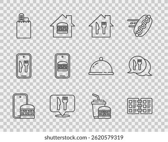 Set line Online ordering and delivery, Restaurant cafe menu, Cafe restaurant location, Paper glass burger and  icon. Vector