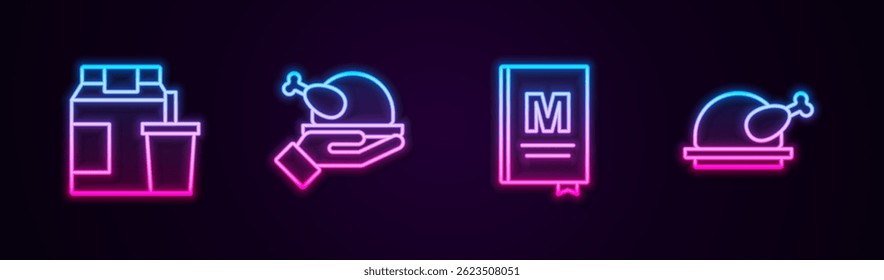 Set line Pedidos y entrega en línea, Pollo asado con pavo, Menú de cafetería y . Icono de neón brillante. Vector