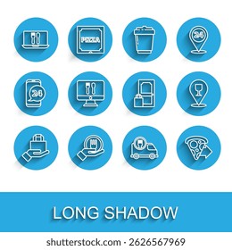 Set line Online ordering and delivery, Fast by car, pizza, Alcohol beer bar location and  icon. Vector