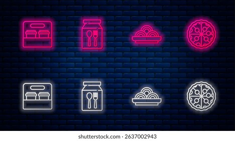 Set line Online ordering and delivery, Asian noodles bowl, Coffee cup to go and Pizza. Glowing neon icon on brick wall. Vector