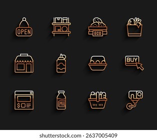 Set line Online ordering and delivery, Bottle with milk, Hanging sign Open, Shopping basket food, Security camera, Sauce bottle, Buy button and Chicken egg box icon. Vector