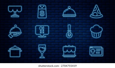 Set line Online ordering and delivery, Cupcake, Covered with tray, Cafe restaurant location, of food, Wooden table, Pizza knife and Salt icon. Vector