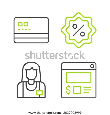 Set line Online ordering and delivery, Seller, Discount percent tag and Credit card icon. Vector