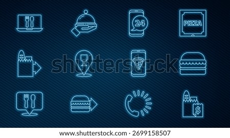Set line Online ordering and delivery, Burger, Food, Alcohol beer bar location, pizza and Covered with tray of food icon. Vector