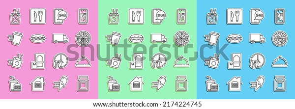 Set line Online
ordering and delivery, Covered with tray of food, Pizza, Food,
Hotdog sandwich, Coffee cup to go, Asian noodles chopsticks and
Fast by car icon. Vector