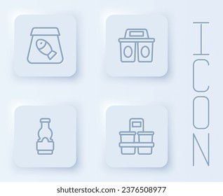 Set line Online ordering fish, Coffee cup to go, Sauce bottle and . White square button. Vector