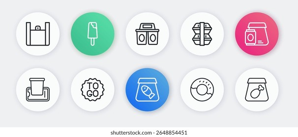 Set line Pedidos en línea de pescado, comida, comida en el móvil, donut, lonchera, taza de café para llevar, comida e icono. Vector