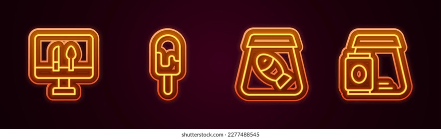 Set line Online ordering food, Ice cream, fish and . Glowing neon icon. Vector