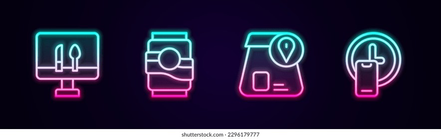 Set line Online ordering food, Soda can,  and Round the clock delivery. Glowing neon icon. Vector
