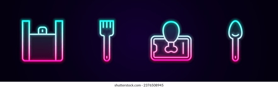 Set line Online ordering food, Fork, Food on mobile and Spoon. Glowing neon icon. Vector