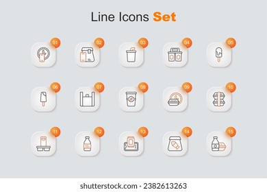 Set line Online ordering food, fish, Food on mobile, Bottle of water, Coffee cup to go, Lunch box, Round the clock delivery and  icon. Vector