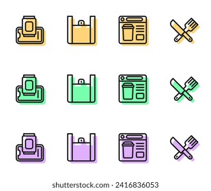 Set line Online ordering food, Food on mobile,  and Crossed knife and fork icon. Vector