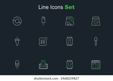 Set line Online ordering food, Soda can, Food on mobile, Ice cream, Spoon,  and waffle icon. Vector