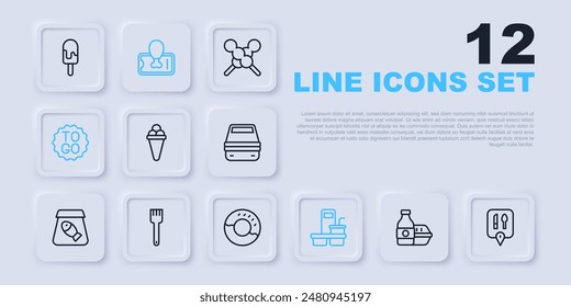 Set line Online pidiendo comida, Cafetería y restaurante ubicación, Gofre de helado, Taza de café para llevar, Tenedor, Comida móvil y Donut icono. Vector