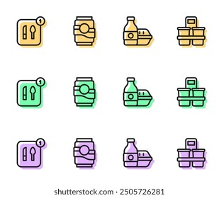 Set line Online ordering food, Food, Soda can and Coffee cup to go icon. Vector