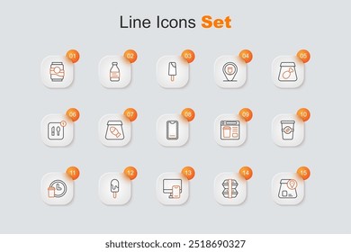 Set line Online ordering food, Lunch box, Ice cream, Round the clock delivery, Coffee cup to go,  and Food on mobile icon. Vector