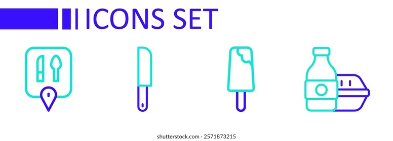 Set line Online ordering food, Ice cream, Knife and Cafe and restaurant location icon. Vector