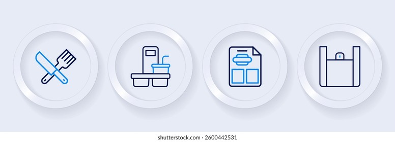 Set line Online ordering food, Restaurant cafe menu, Coffee cup to go and Crossed knife and fork icon. Vector
