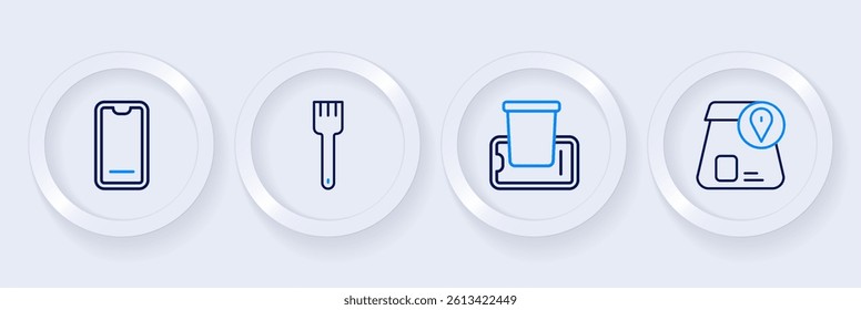 Set line Online ordering food, Food on mobile, Fork and  icon. Vector