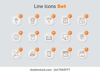 Set line Online ordering food, Soda can, Round the clock delivery, Meatballs on wooden stick, Cafe and restaurant location,  and Food mobile icon. Vector