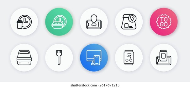 Set line Online ordering food, Coffee cup to go, Lunch box, Soda can, Food on mobile,  and Fork icon. Vector