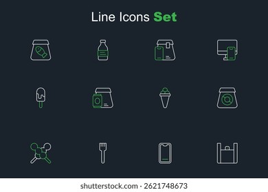 Set line Online ordering food, Food on mobile, Fork, Meatballs wooden stick, Ice cream waffle,  and  icon. Vector