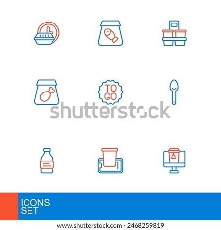Set line Online ordering food, Food on mobile, Bottle of water, Spoon, meal, Coffee cup to go,  and fish icon. Vector