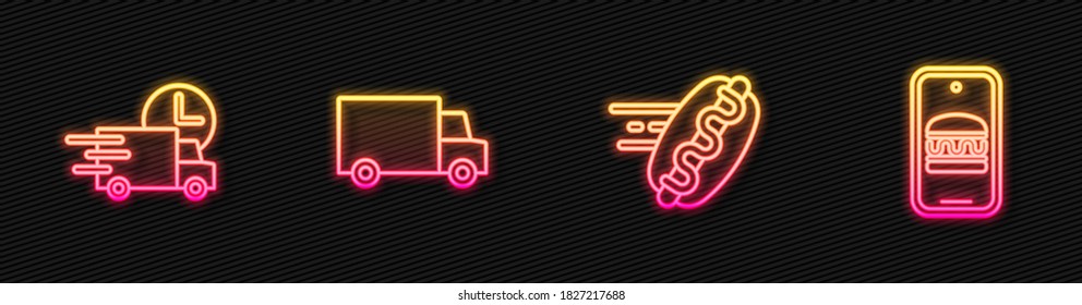 Set line Online ordering hotdog, Fast delivery by car,  and and. Glowing neon icon. Vector