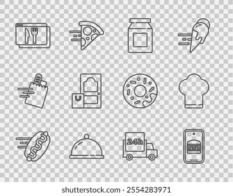 Set line Online ordering hotdog, and delivery, Covered with tray of food, Fast by car and Chef hat icon. Vector