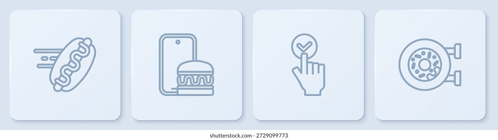 Establecer línea de pedidos en línea, hotdog y entrega, y Donut. Botón cuadrado blanco. Vector