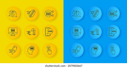 Set line Online ordering ice cream, and delivery, Fast by car, Food, Cafe restaurant location, burger and hotdog icon. Vector