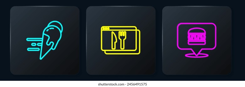 Set line Online ordering ice cream, burger delivery and and. Black square button. Vector