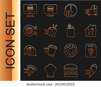 Set line Online ordering ice cream, pizza delivery, and, Round the clock, noodles, Donut,  and  icon. Vector