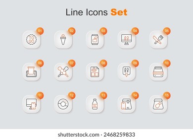 Set line Online ordering meal, food, Bottle of water, Donut, Lunch box, Cafe and restaurant location and Restaurant cafe menu icon. Vector