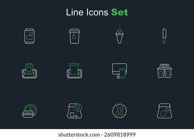 Set line Online ordering meal, Coffee cup to go, food, Round the clock delivery, Food on mobile and  icon. Vector