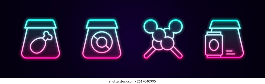 Set line Online ordering meal, food, Meatballs on wooden stick and . Glowing neon icon. Vector