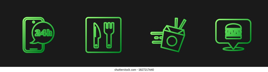 Set line Online ordering noodles delivery, Food, Cafe and restaurant location and burger. Gradient color icons. Vector