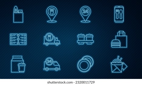 Set line Online ordering noodles delivery, burger, Round the clock, Fast by car, Restaurant cafe menu, Shopping bag and food, Coffee cup to go and Cafe restaurant location icon. Vector