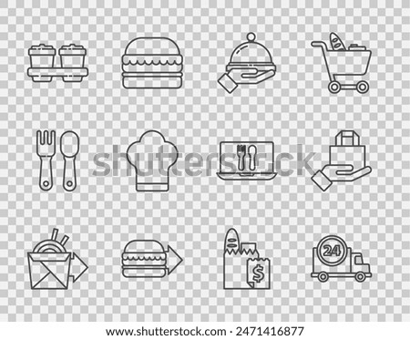 Set line Online ordering noodles delivery, Fast by car, Covered with tray of food, burger, Coffee cup to go, Chef hat, and and  icon. Vector